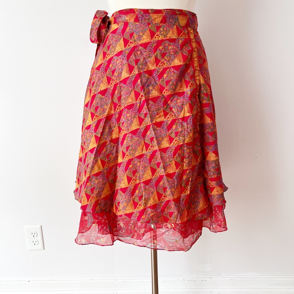Pure Silk India Layered Wrap Midi Skirt Red Plus Size Large Bright Vibrant - Picture 3 of 7